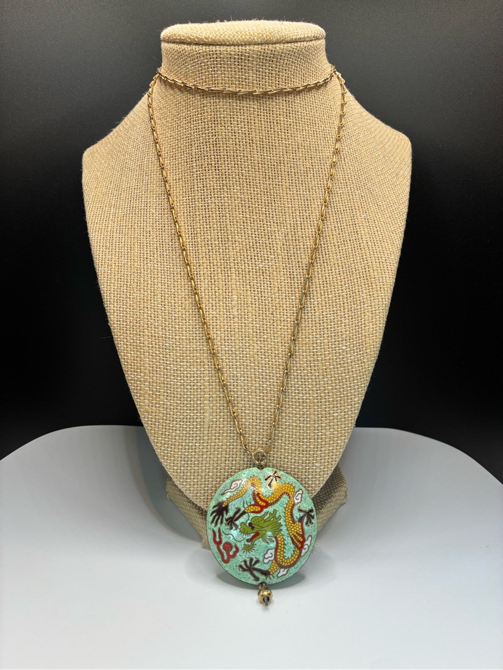 Gold Vintage Chain Necklace with Turquoise Cloisonné Dragon Pendant
